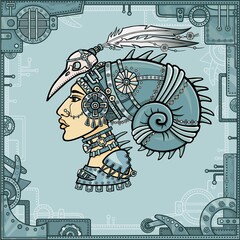 fantastic Shaman woman in her magic clothes. Portrait, look profile. A background - a frame from iron elements. Vector illustration.