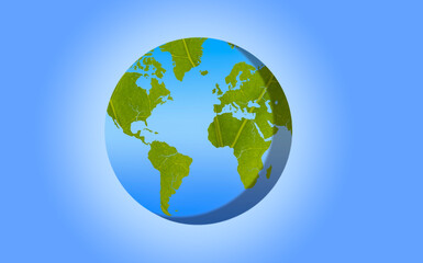 Climate change, the green Earth has the texture of a leaf. Light blue background