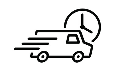 Shipping fast delivery van with clock icon symbol, Pictogram flat outline design for apps and websites, Isolated on white background, Vector illustration