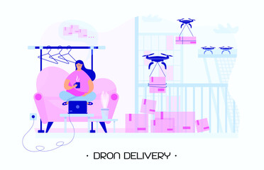 Girl checkouts order from the internet and waiting for the delivery product. The delivery company uses drones for faster and contactless delivery. E-Commerce future technology. Modern flat vector.