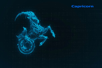 Capricorn zodiac sign white symbol on black background with stars. Abstract head of astrological sign capricorn - obrazy, fototapety, plakaty