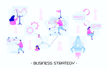 The start-up team develops a business strategy. The manager sets the dates on the calendar. Business analyst analyzes data. Growth strategy or financial. Modern flat people vector illustration. Veсtor