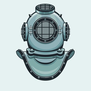 stylized animation helmet of an ancient diving armor. Isolated on a blue background. Vector illustration.
