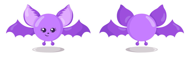 Funny cute kawaii bat with round body in flat design with shadows, front and back. Isolated animal vector illustration	
