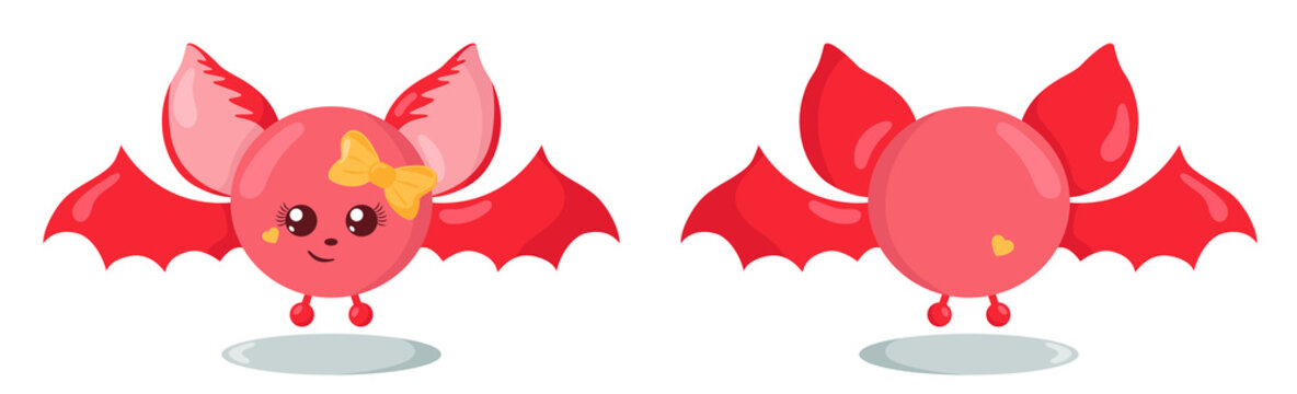 Funny cute kawaii bat with round body in flat design with shadows, front and back. Isolated animal vector illustration	