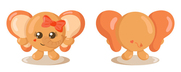 Funny cute kawaii elephant with round body in flat design with shadows, front and back. Isolated animal vector illustration	