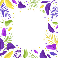 Obraz na płótnie Canvas Palm leaf banner. Frame of bright purple, yellow and green exotic leaves. Summer festive decorations for the holiday, postcard, poster and design, offer or sales