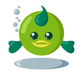 Funny cute kawaii fish with round body in flat design with shadows. Isolated animal vector illustration