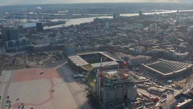 Aerial view of Hamburg Millerntor football stadium, home of FC St. Pauli soccer team