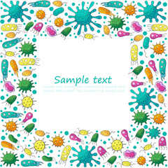 Square frame made of vector elements. Set of cartoon microbes in hand draw style. Coronavirus, viruses