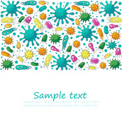 Square flyer, banner. Set of cartoon microbes in hand draw style. Coronavirus, viruses, bacteria