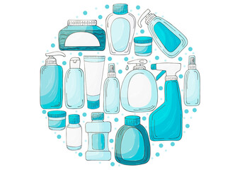 Round vector set of elements. Set of bathroom elements in hand draw style. Collection of cans, packages