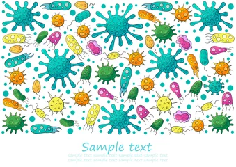 Gordijnen Rectangular flyer, banner. Set of cartoon microbes in hand draw style. Coronavirus, viruses © bubushonok