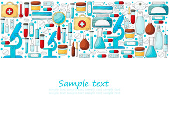 Rectangular flyer, banner. Laboratory assistant doctor tools set in hand draw style. Analysis tools