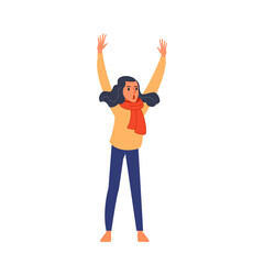 Fototapeta na wymiar Young woman raises her hands and shouts in a women's march. Supporting the protests against the background of discontented people protesting. Flat character vector illustration isolated