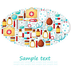 Oval Collection of vector illustrations, text. Ambulance doctor tools, medical case, medications, stethoscope, masks