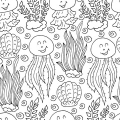 Vector Seamless pattern in hand draw style. Pattern, background on the marine theme. Algae, jellyfish, shells