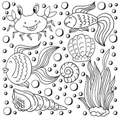 Set of icons in hand draw style. Collection of drawings on the marine theme. Fish, crab, shell, seaweed