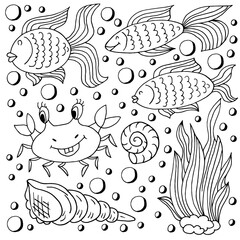 Set of icons in hand draw style. Collection of drawings on the marine theme. Fish, crab, seaweed