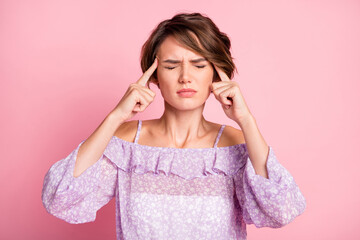 Photo of young unhappy sad sick ill suffering girl with closed eye have headache isolated on pink...