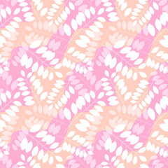 Fototapeta na wymiar Natural herbal floral seamless pattern. White leaves on a pink and beige background with waves. Print, printing on fabric and paper, garment decoration and wrapping. Vector illustration