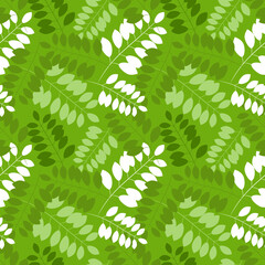 Natural herbal floral seamless pattern. White and green leaves on a green background. Print, printing on fabric and paper, garment decoration and wrapping. Vector illustration