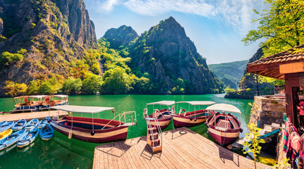 Attractive spring view of popular tourist destination - Matka Canyon. Wonderful morning scene of North Macedonia, Europe. Traveling concept background. - obrazy, fototapety, plakaty