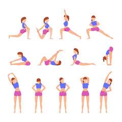 Fototapeta na wymiar Stretching exercises. The girl does gymnastics. Vector set of girls in different gymnastic poses in a flat cartoon style is isolated on a white background. Physical education at home