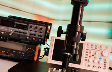 Measuring instruments in a modern physics research laboratory.