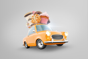 Cute fantastic retro car with sweets and coffee on top. - obrazy, fototapety, plakaty