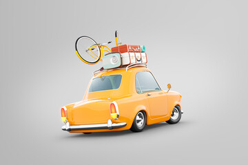 Funny retro car with laggage, suitcases and bicycle on the top