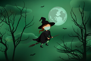 Witch in protective mask flying on broom. Vector illustration.