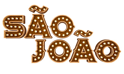 Label for Brazilian June party. The name Sao Joao with lights and wood. 3D illustration.