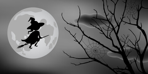 Witch flying on broomstick. Cartoon style. Vector illustration.