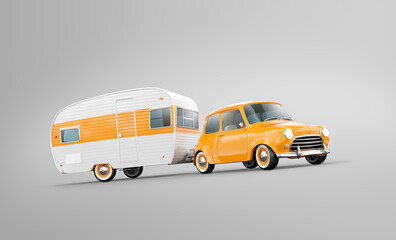 Retro car with white trailer. Unusual 3d illustration of a classic caravan. - 436193142