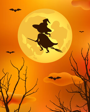 Witch flying on broomstick on moon background. Vector illustration.