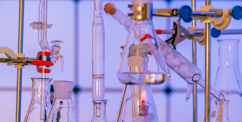 Laboratory equipment in a chemical laboratory. Laboratory setup for chemical synthesis of organic matter