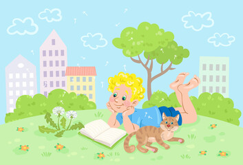 Obraz na płótnie Canvas Little boy reads a book lying in a city park with a funny cat. In cartoon style. Vector flat illustration.