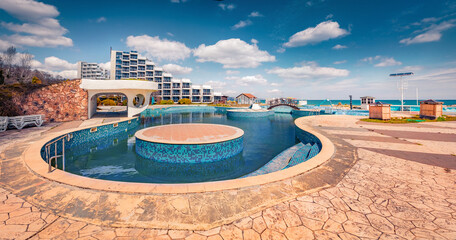Sunny spring view of Albena village. Wonderful morning scene of Bulgaria, Europe. Stunning seascape of Black sea. Traveling concept background.