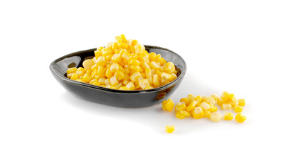 Bowl with corn kernels on white background