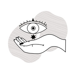 Human hands hold the eye of the Masonic symbol. seven-pointed star. Alchemy, religion, spirituality, occultism. Vector illustration in linear style isolated