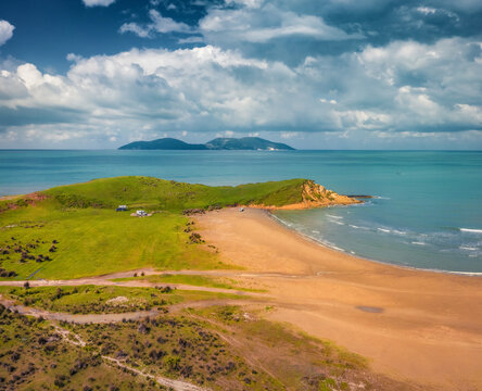 Sunny morning view from flying drone of Zvernec Beach. Impressive seascape of Adriatic sea. Aerial morning scene of Albania, Europe. Beauty of nature concept background.