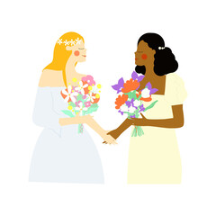 Vector flat illustration with two beautiful lesbians brides. Interracial LGBT wedding.
