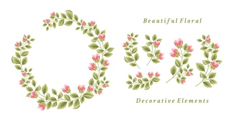 Floral wreath arrangement and flower bouquet element collection for background, greeting card, decoration, wedding invitation, spring garden event, feminine or beauty brands