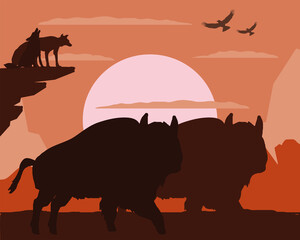 silhouette bison wolves