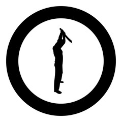 Man with sword machete from above Cold weapons in hand military man Soldier Serviceman in positions Hunter with knife Fight poses Strong defender Warrior concept Weaponry Stand silhouette in circle 
