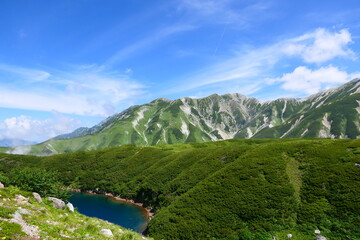 中部山岳国立公園。室堂からみくりが池と立山を望む。富山、日本。８月下旬。