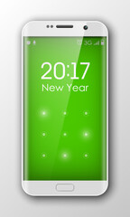 Smartphone with 'Happy New Year 2017' on clock. Phone sms on the screen