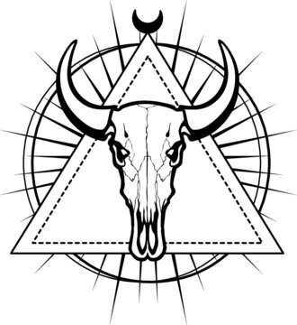 The skull of a bull is put into geometrical figures. Esoteric symbol, sacred geometry. Monochrome drawing isolated on a white background. Vector illustration. Print, posters, t-shirt, textiles.