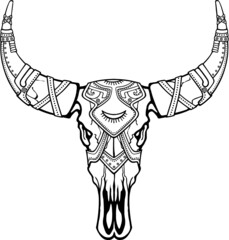 Fantastic skull of a bull. Military armor. Mystical symbol, Boho design. The linear drawing isolated on a white background. Vector illustration, be used for coloring book.
